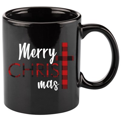 Merry Christmas Plaided Cross 11oz C Handle Ceramic Mug