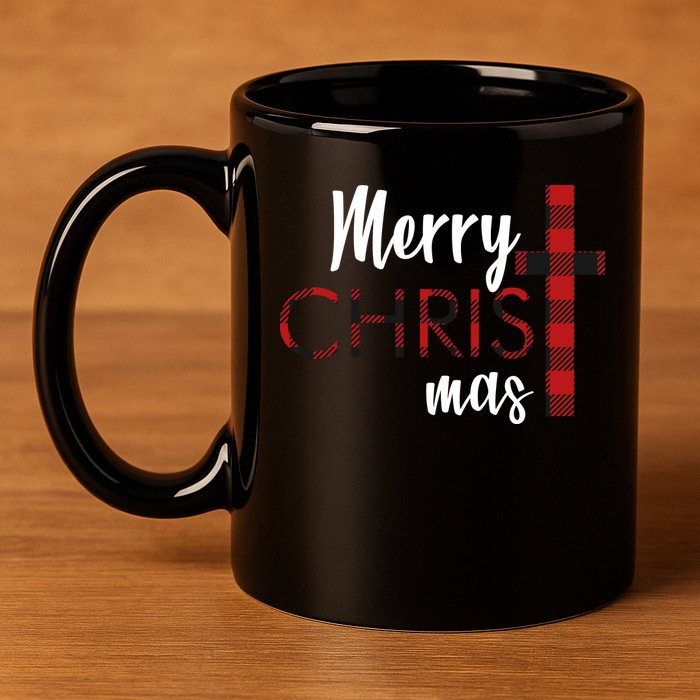 Merry Christmas Plaided Cross 11oz C Handle Ceramic Mug