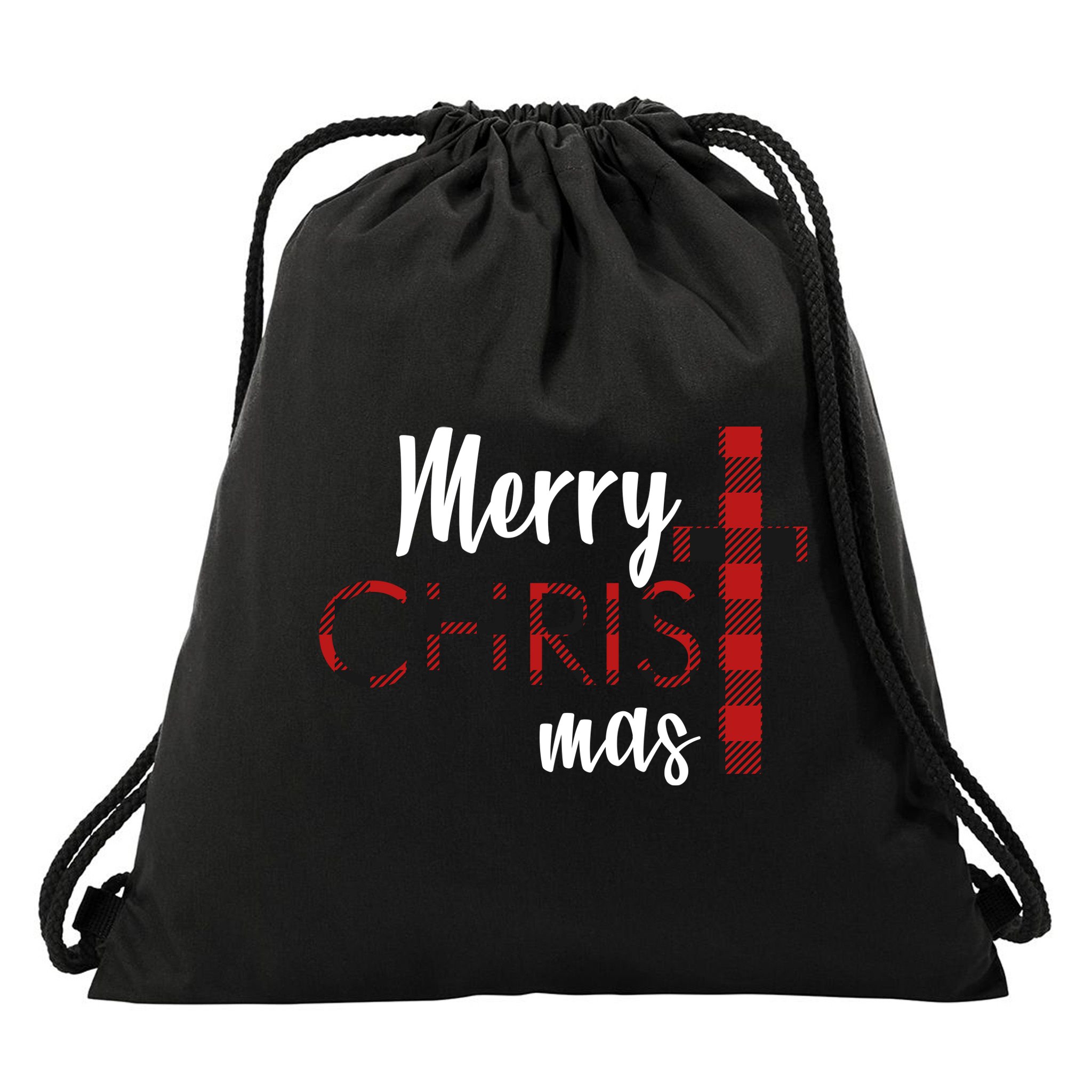 Merry Christmas Plaided Cross Drawstring Bag