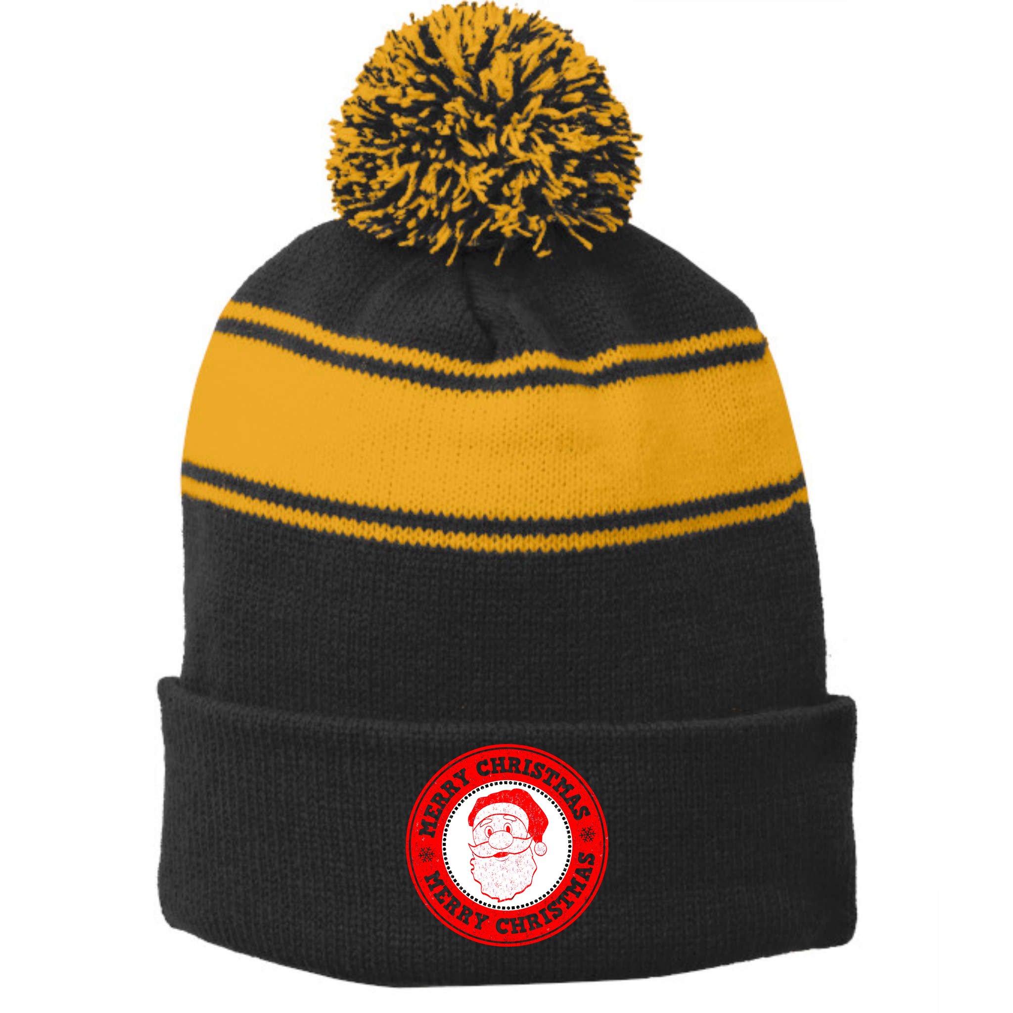 Merry Christmas Santa Claus Distressed Stamp of Approval Stripe Pom Pom Beanie