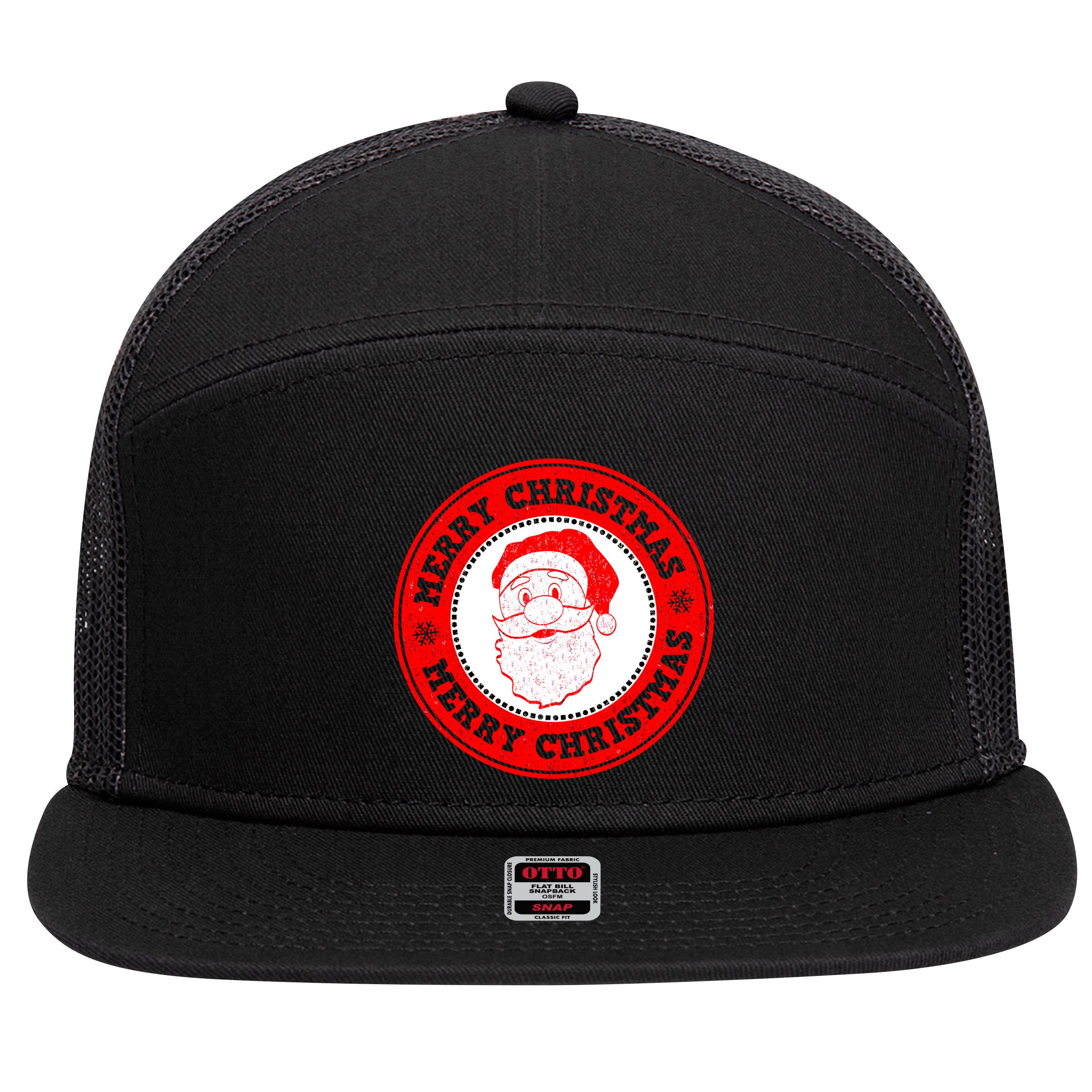 Merry Christmas Santa Claus Distressed Stamp of Approval 7 Panel Mesh Trucker Snapback Hat