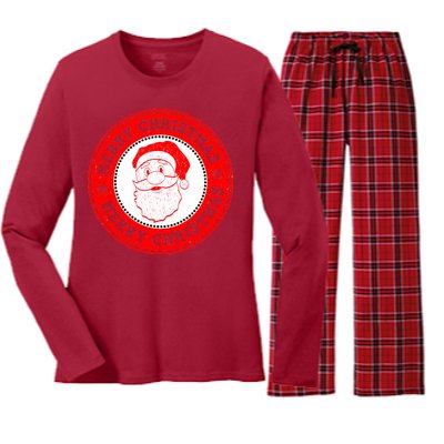 Merry Christmas Santa Claus Distressed Stamp of Approval Women's Long Sleeve Flannel Pajama Set 