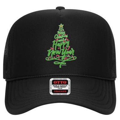 Merry Christmas Tree High Crown Mesh Back Trucker Hat