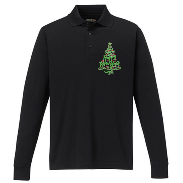 Merry Christmas Tree Performance Long Sleeve Polo