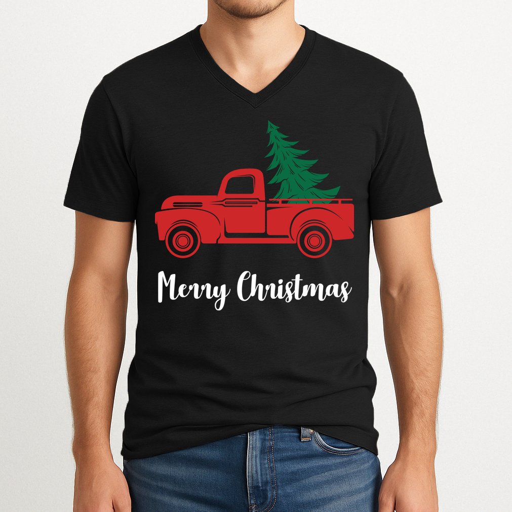 Merry Christmas Tree and Truck V-Neck T-Shirt