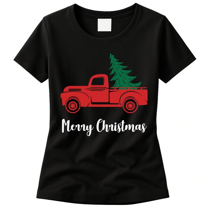 Merry Christmas Tree and Truck Womens T-Shirt