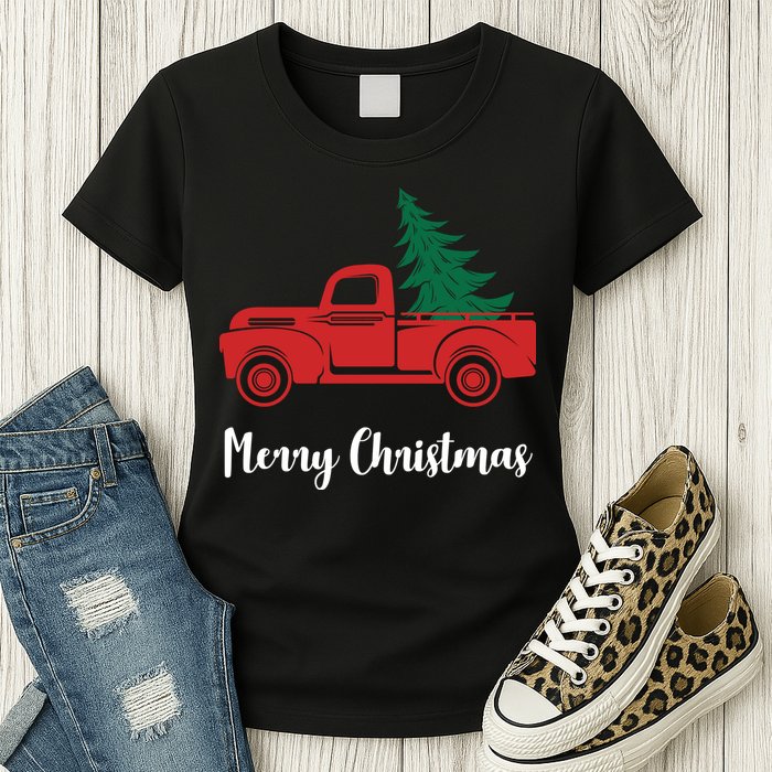 Merry Christmas Tree and Truck Womens T-Shirt