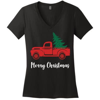 Merry Christmas Tree and Truck Women's V-Neck T-Shirt
