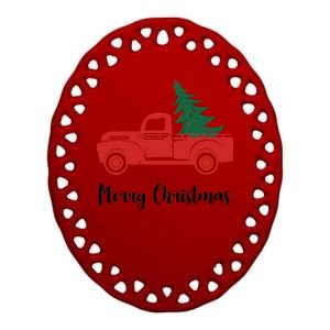 Merry Christmas Tree and Truck Ceramic Oval Ornament