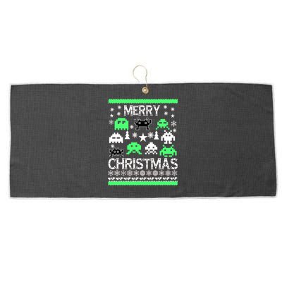 Merry Christmas Ugly Alien Sweater Large Microfiber Waffle Golf Towel