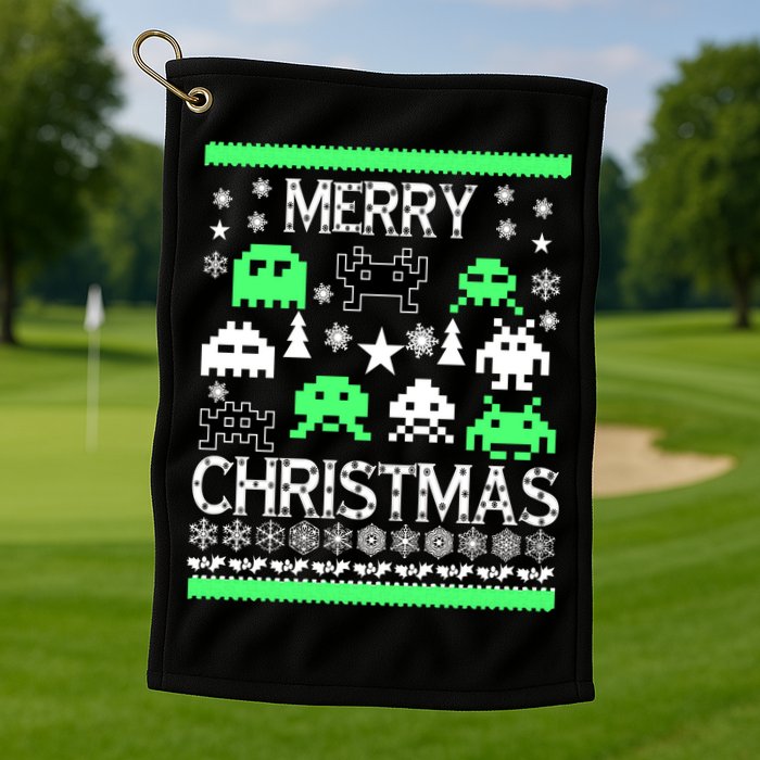 Merry Christmas Ugly Alien Sweater Golf Towel