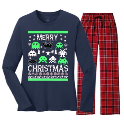 Merry Christmas Ugly Alien Sweater Women's Long Sleeve Flannel Pajama Set 