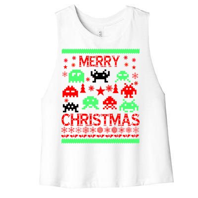 Merry Christmas Ugly Alien Sweater Women's Racerback Cropped Tank