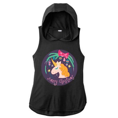 Merry Christmas Unicorn Ladies PosiCharge Tri-Blend Wicking Draft Hoodie Tank