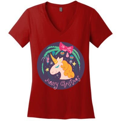 Merry Christmas Unicorn Women's V-Neck T-Shirt