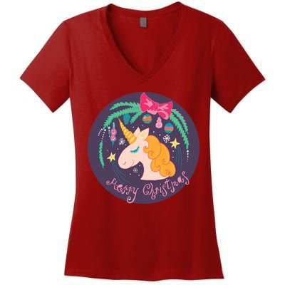 Merry Christmas Unicorn Women's V-Neck T-Shirt