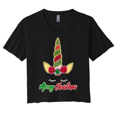 Merry Christmas Unicorn Sparkle Women's Crop Top Tee