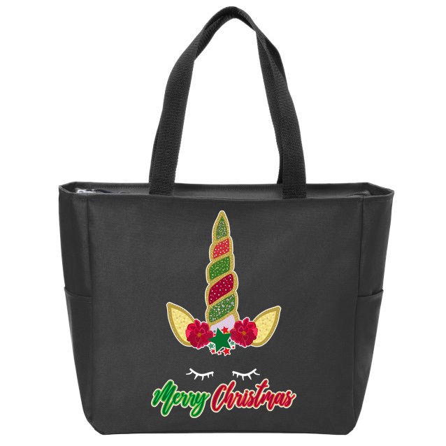 Merry Christmas Unicorn Sparkle Zip Tote Bag