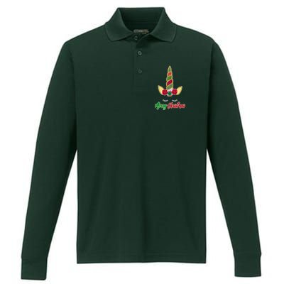 Merry Christmas Unicorn Sparkle Performance Long Sleeve Polo