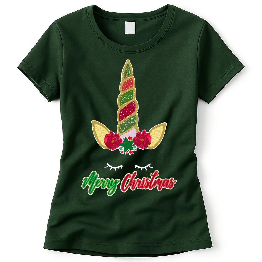 Merry Christmas Unicorn Sparkle Womens T-Shirt
