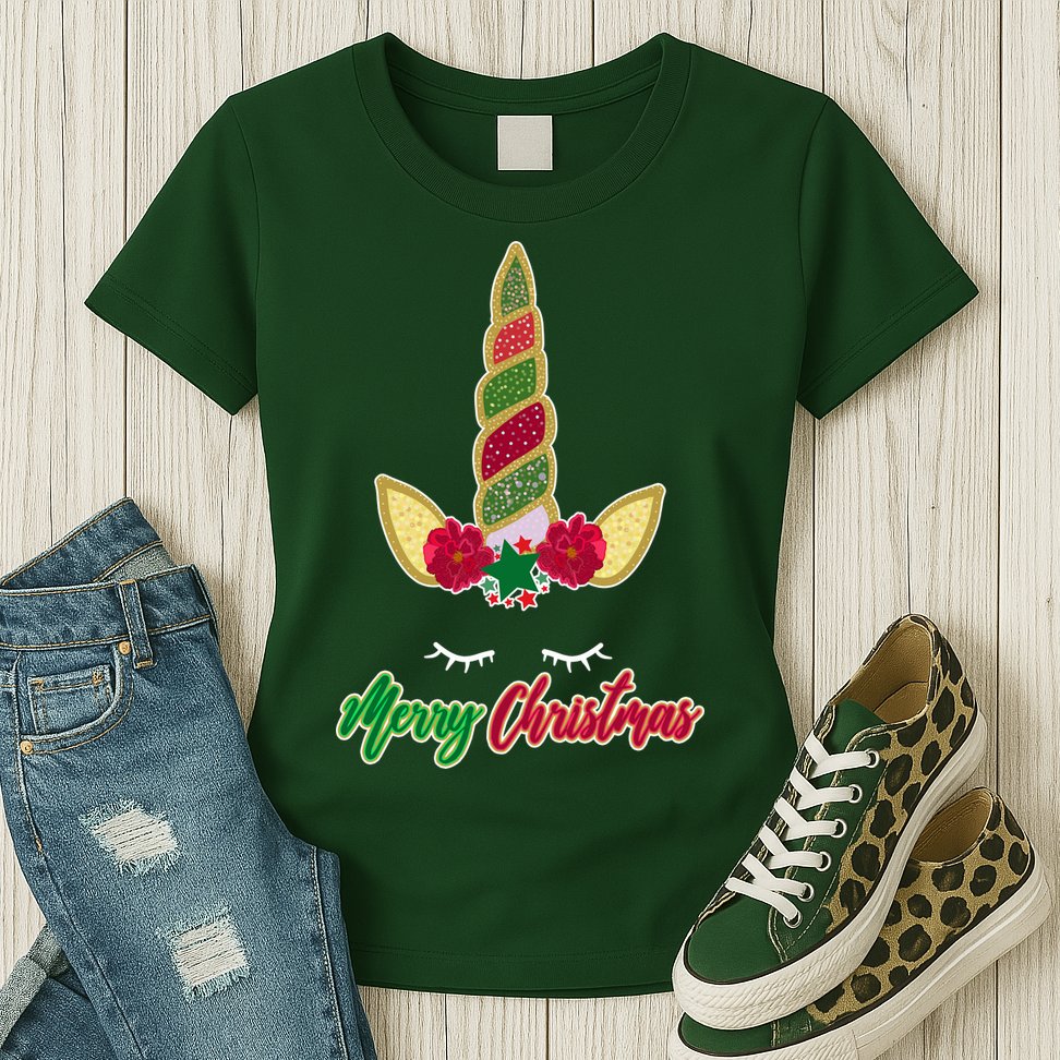 Merry Christmas Unicorn Sparkle Womens T-Shirt
