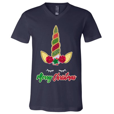 Merry Christmas Unicorn Sparkle V-Neck T-Shirt