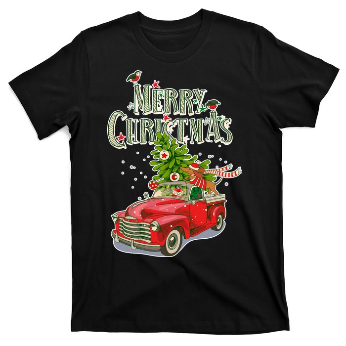 Merry Christmas Vintage Pickup Truck Tree Dachshund  T-Shirt