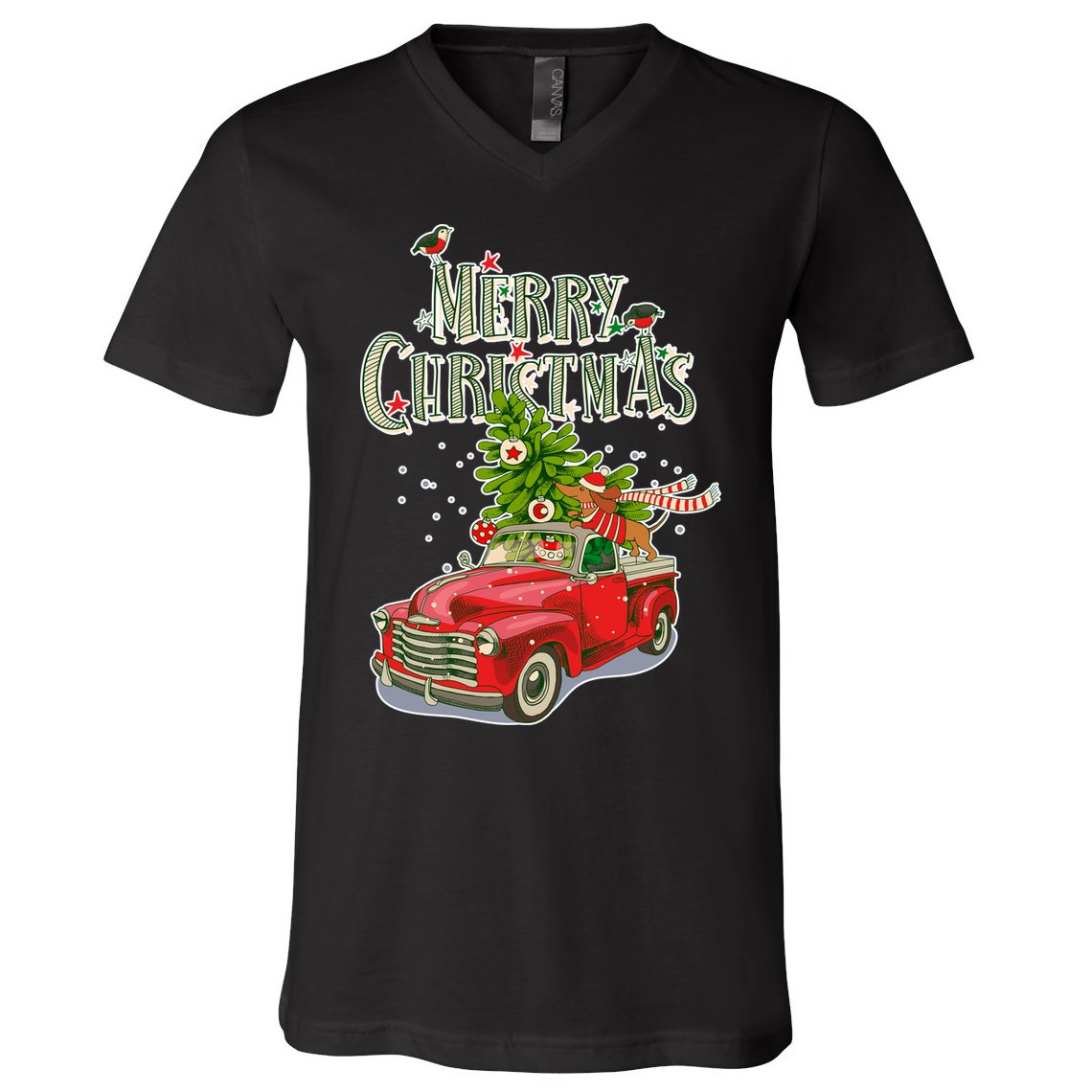 Merry Christmas Vintage Pickup Truck Tree Dachshund  V-Neck T-Shirt