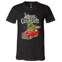 Merry Christmas Vintage Pickup Truck Tree Dachshund  V-Neck T-Shirt