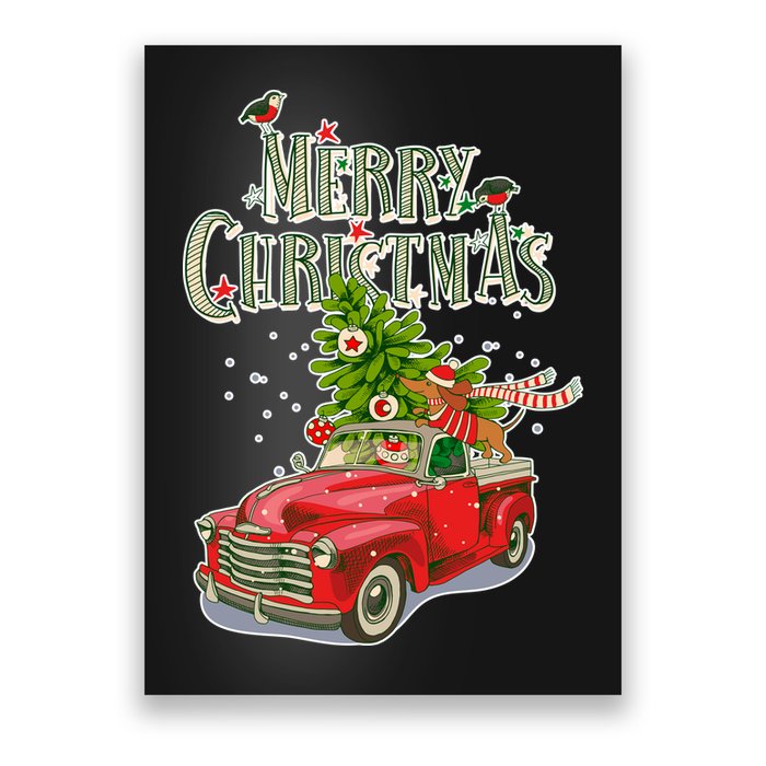 Merry Christmas Vintage Pickup Truck Tree Dachshund  Poster