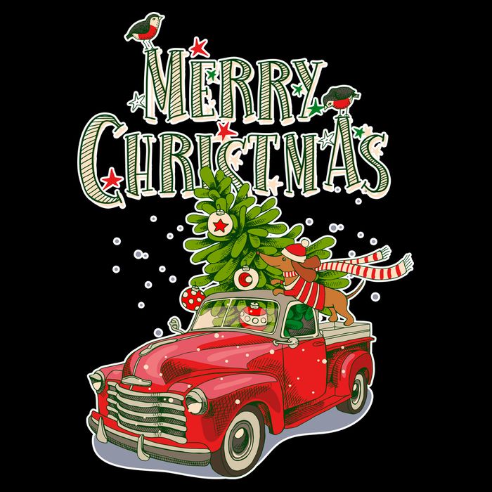 Merry Christmas Vintage Pickup Truck Tree Dachshund  Poster