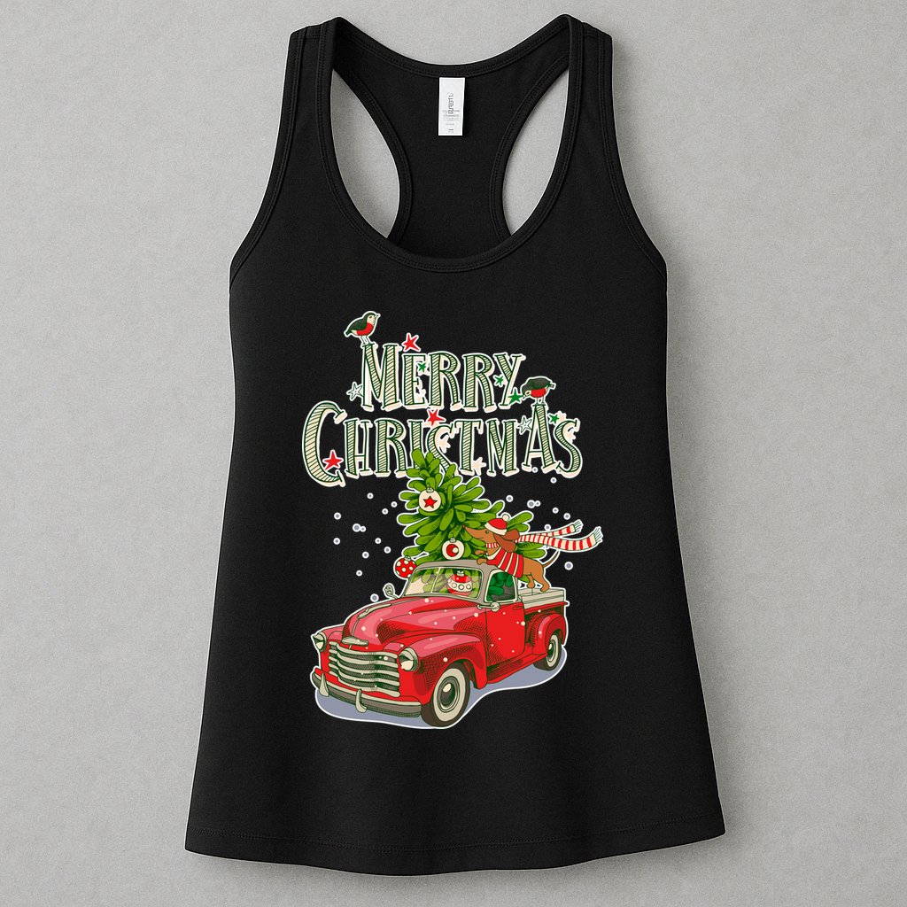 Merry Christmas Vintage Pickup Truck Tree Dachshund  Womens Tank Top