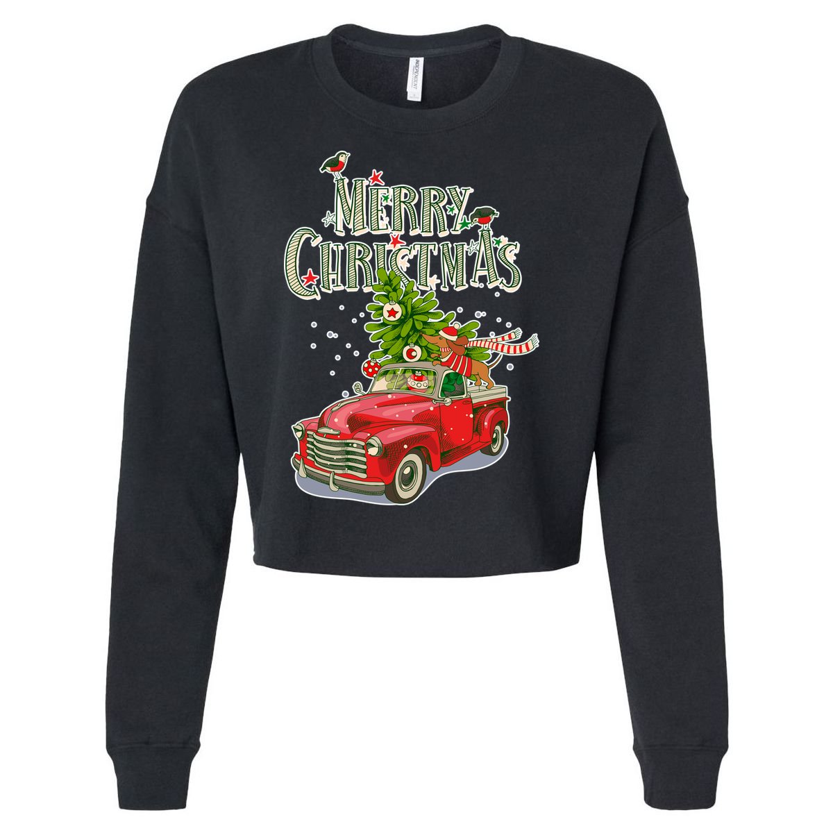Merry Christmas Vintage Pickup Truck Tree Dachshund  Cropped Pullover Crew