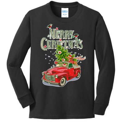 Merry Christmas Vintage Pickup Truck Tree Dachshund  Kids Long Sleeve Shirt