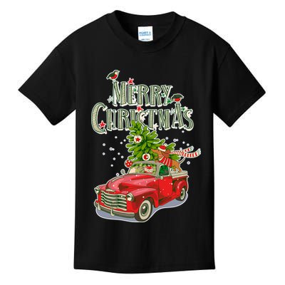 Merry Christmas Vintage Pickup Truck Tree Dachshund  Kids T-Shirt