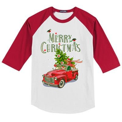 Merry Christmas Vintage Pickup Truck Tree Dachshund  Kids Colorblock Raglan Jersey