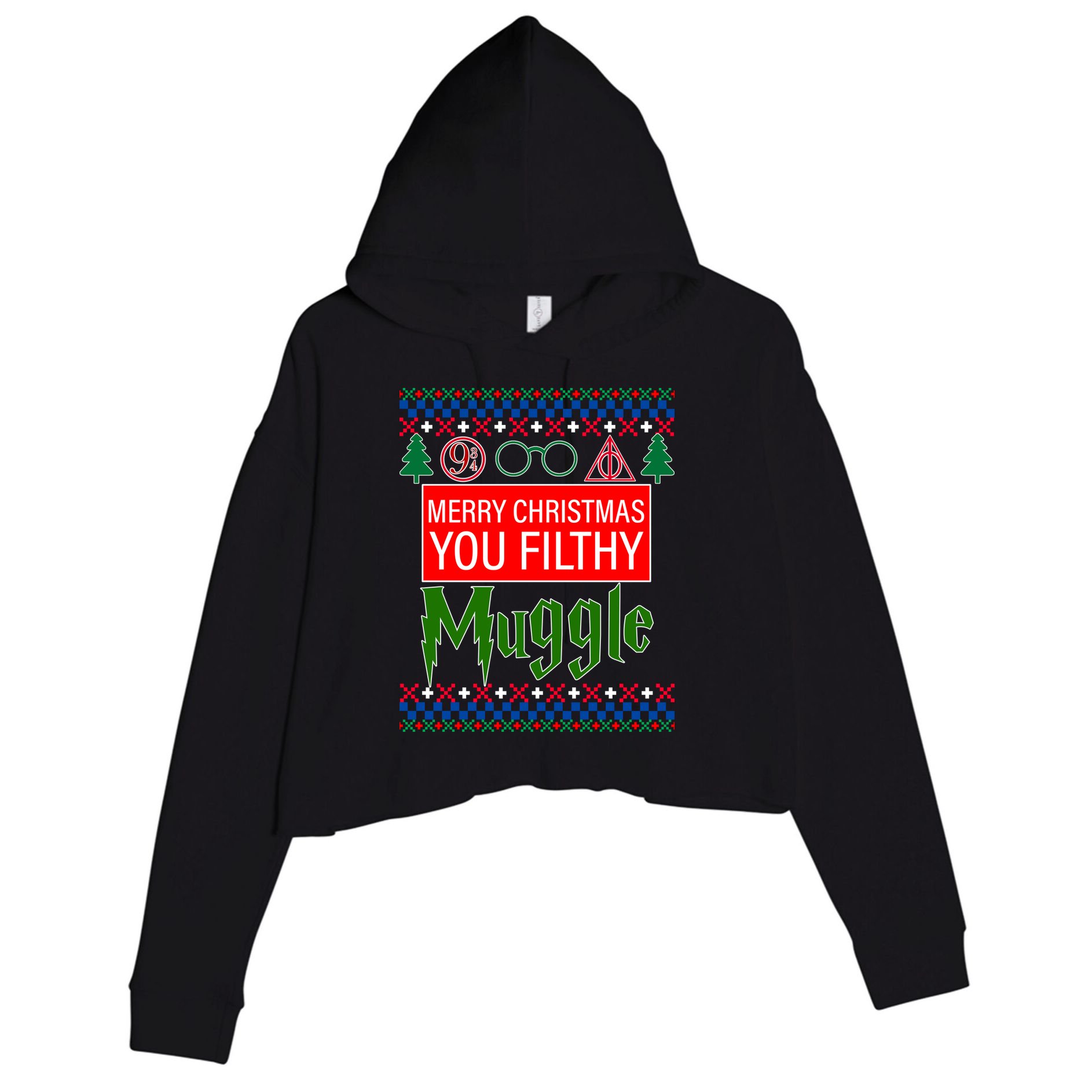 Merry Christmas Ya Filthy Muggle Ugly Sweater Crop Fleece Hoodie
