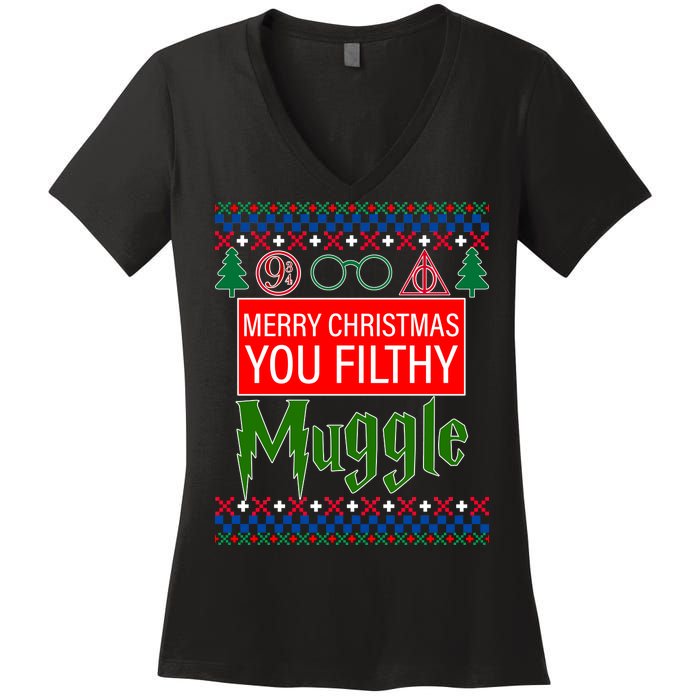 Merry Christmas Ya Filthy Muggle Ugly Sweater Women's V-Neck T-Shirt