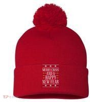 Merry Crisis Ugly Christmas Sweater Pom Pom 12in Knit Beanie