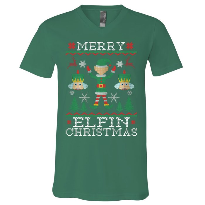 Merry Elfin Christmas Elf Ugly V-Neck T-Shirt