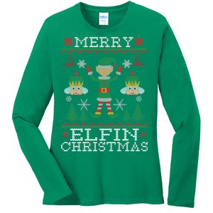 Merry Elfin Christmas Elf Ugly Ladies Long Sleeve Shirt