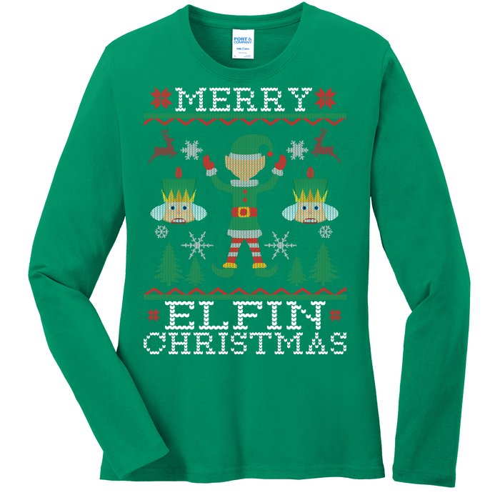 Merry Elfin Christmas Elf Ugly Ladies Long Sleeve Shirt