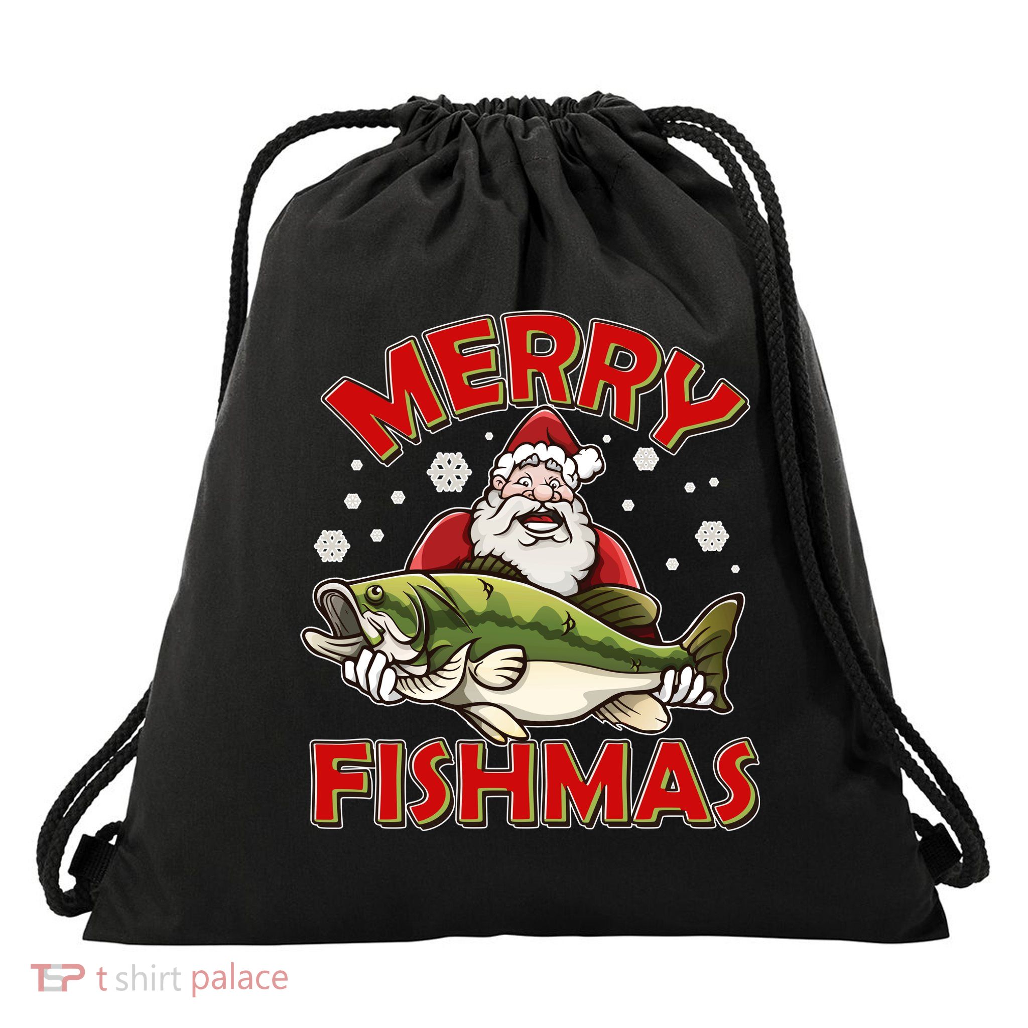 Merry Fishmas Christmas Fish Santa Drawstring Bag