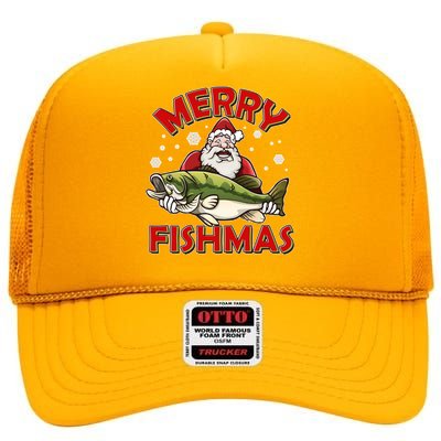 Merry Fishmas Christmas Fish Santa High Crown Mesh Back Trucker Hat