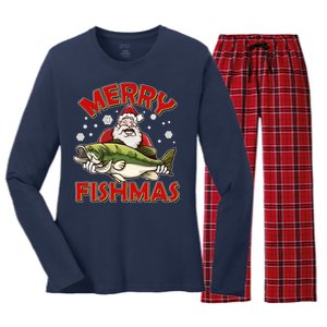 Merry Fishmas Christmas Fish Santa Women's Long Sleeve Flannel Pajama Set 