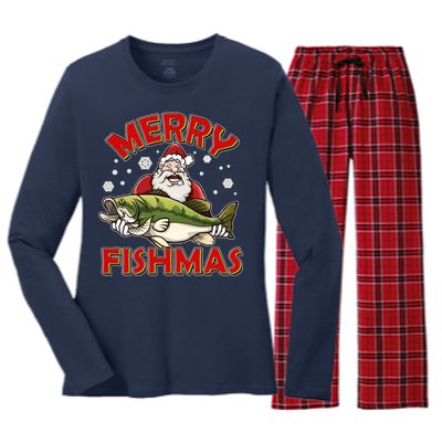 Merry Fishmas Christmas Fish Santa Women's Long Sleeve Flannel Pajama Set 