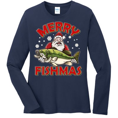 Merry Fishmas Christmas Fish Santa Ladies Long Sleeve Shirt