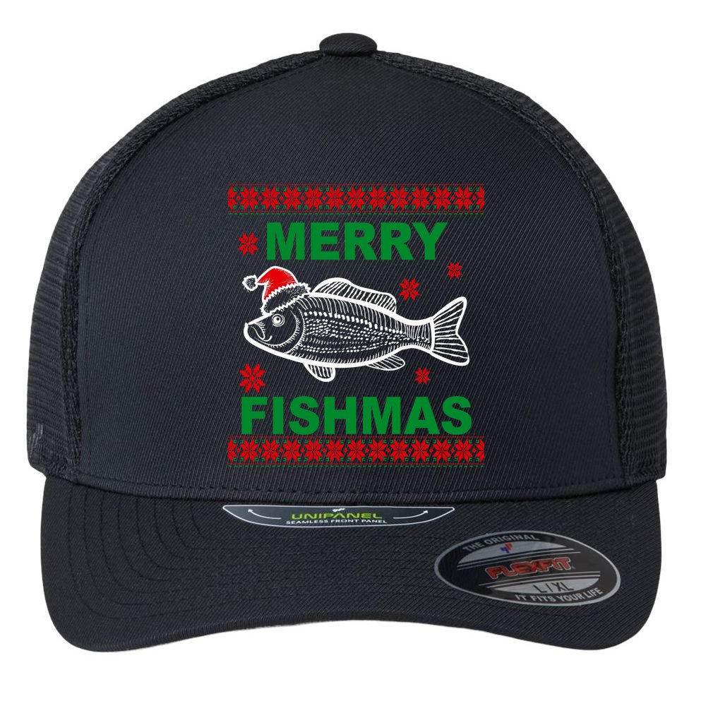 Merry Fishmas Ugly Christmas Flexfit Unipanel Trucker Cap