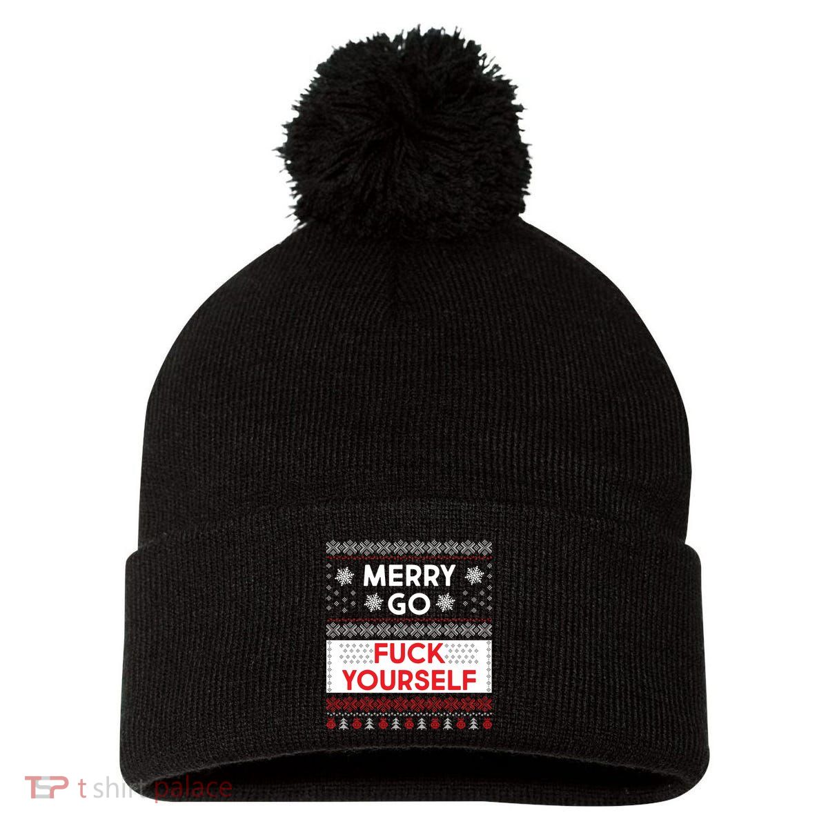 Merry Go F*ck Yourself Ugly Christmas Sweater Pom Pom 12in Knit Beanie