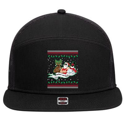 Merry Liftmas Funny Ugly Christmas Sweater 7 Panel Mesh Trucker Snapback Hat